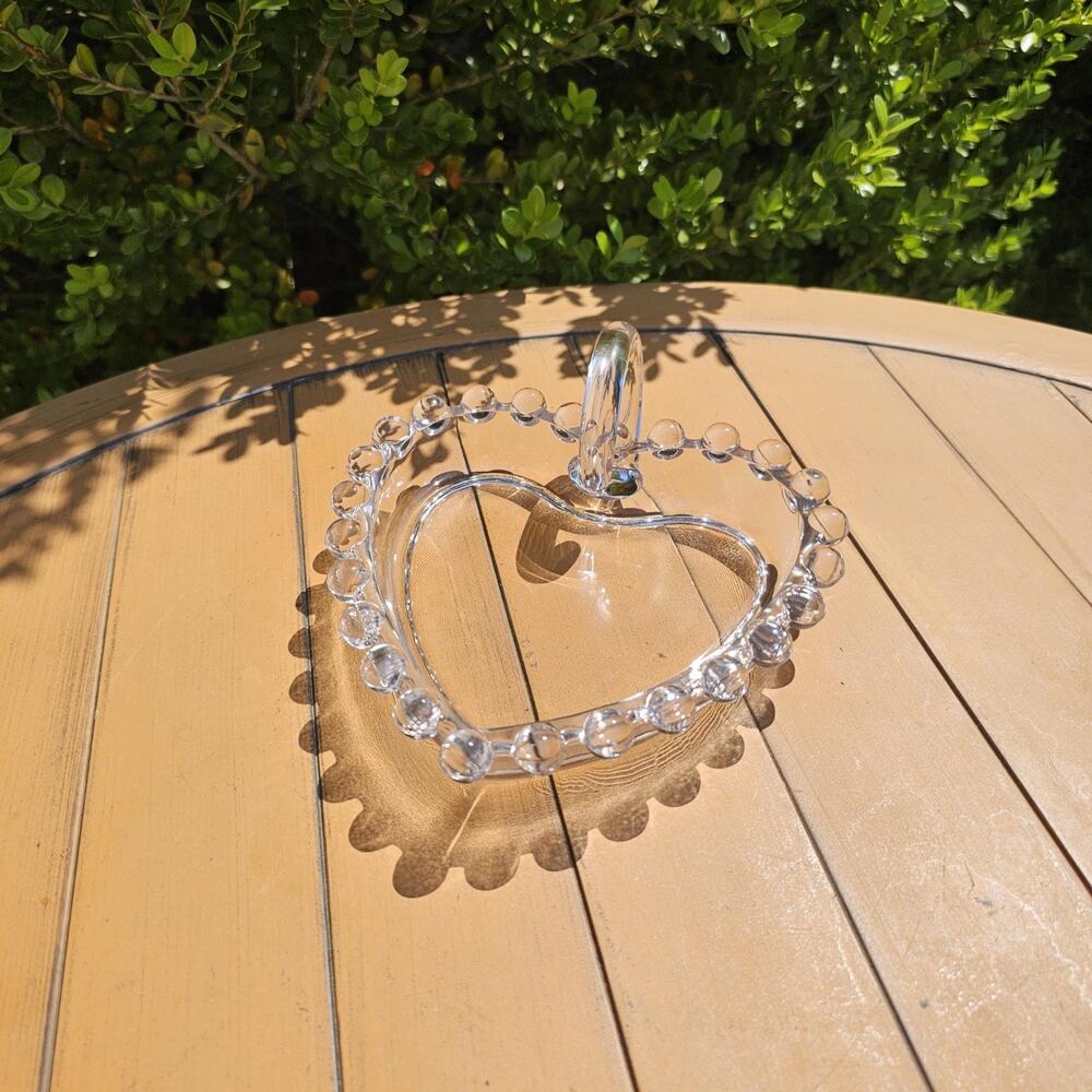 Vintage Imperial Glass Candlewick Clear Heart Shaped Bowl with Handle